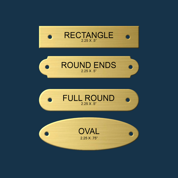 A set of four brass saddle plates in different shapes including rectangle, round ends, full round, and oval, displayed on a dark background.