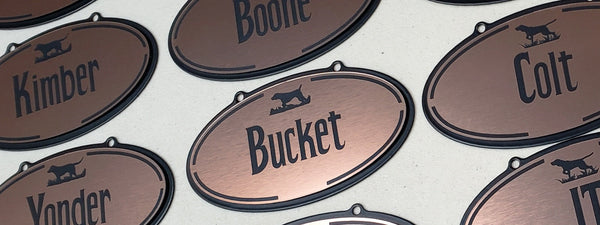 Brushed copper dog name plates