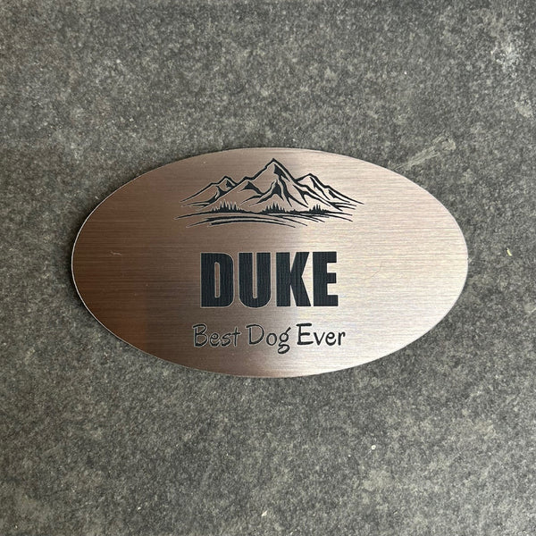 Copper plaque with 'DUKE Best Dog Ever' text on a gray surface