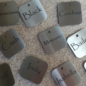 Horse blanket tags with names engraved on a textured surface