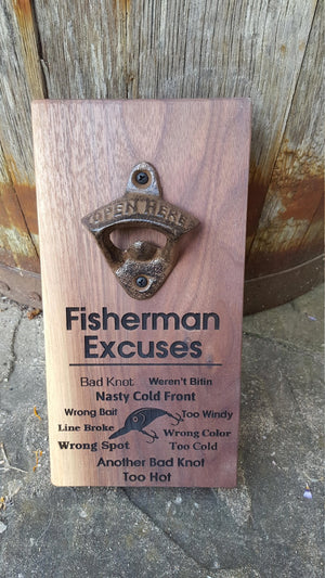 Personalised Wall Mount Bottle Opener Laser Engraved Fisherman Excuses Fish Sayings - Precisioncraft Laser