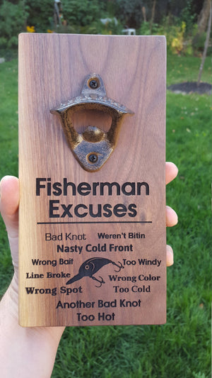 Personalised Wall Mount Bottle Opener Laser Engraved Fisherman Excuses Fish Sayings - Precisioncraft Laser