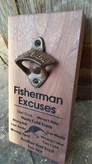 Personalised Wall Mount Bottle Opener Laser Engraved Fisherman Excuses Fish Sayings - Precisioncraft Laser