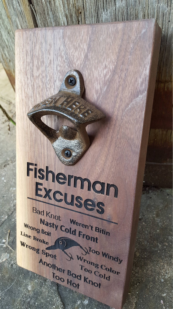 Personalised Wall Mount Bottle Opener Laser Engraved Fisherman Excuses Fish Sayings